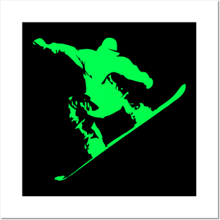 Snowboarding Neon Green Boarder on Black Posters and Art